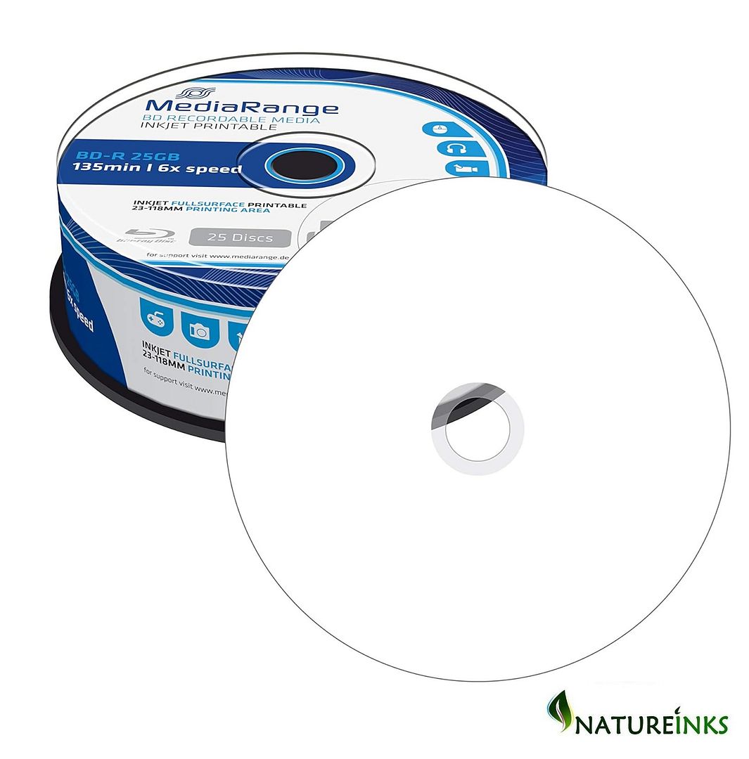 25 Mediarange Blu Ray 6x Inkjet Printable Blank discs BDR BD-R