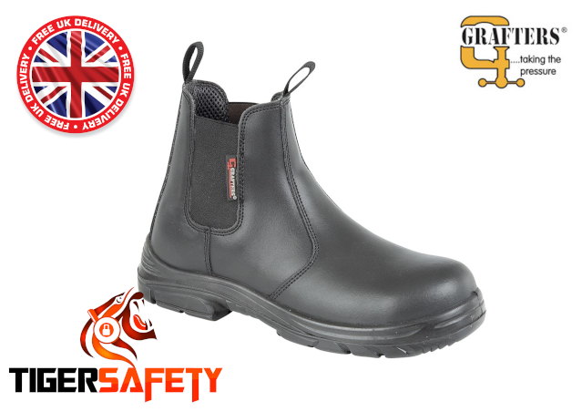 Grafters M9502A S1P SRC Black Leather Wide Fitting EEEE Steel Toe Cap Chelsea Dealer Safety Boots