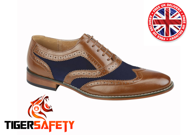 Grafters M968BC Mens Dark Tan Leather and Navy Blue Oxford Brogue Shoes