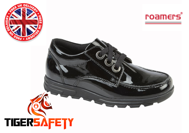 Roamers_G193AP_Girls_Black_Patent_Leather_Boat_Style_Lace_Up_Shiny_School_Shoes