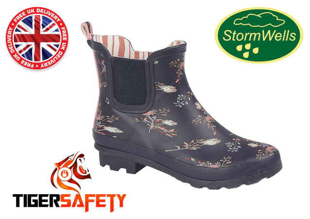 Stormwells_W207_Navy_Blue_Floral_Print_Ladies_Ankle_Wellington_Boots_Wellies