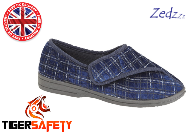 Zedzzz_MS492C_George_Navy_Blue_Check_Velcro_Fastened_Diabetic_Slippers