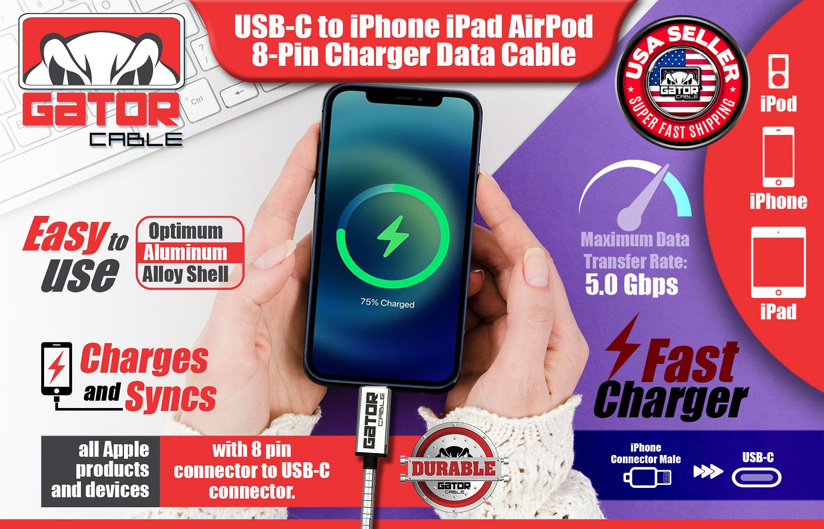Banner-USB-C-to-iPhone-iPad-AirPod-8-Pin-Charger-Data-Cable-Silver-Chromed